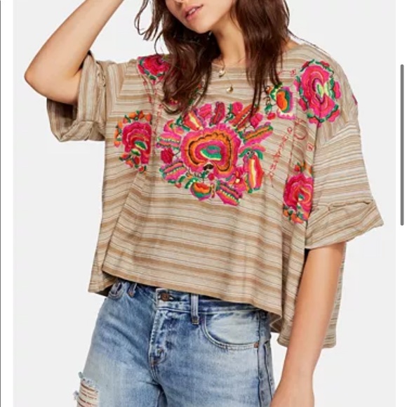 Free People Tops - Free People Cataluyna Striped Embroidered Shirt